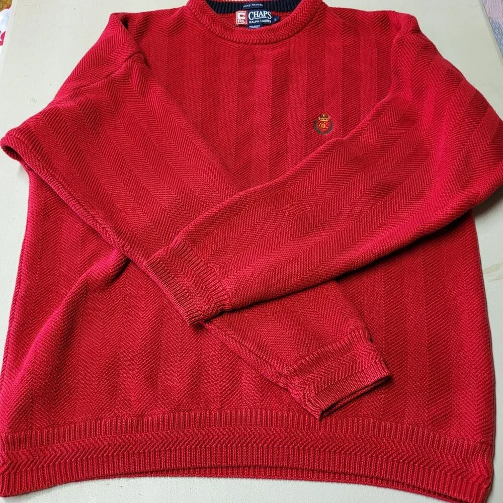 Chaps Ralph Lauren Sweater Men's Large Red Pullover‎ Hand Framed Cotton Outdoors